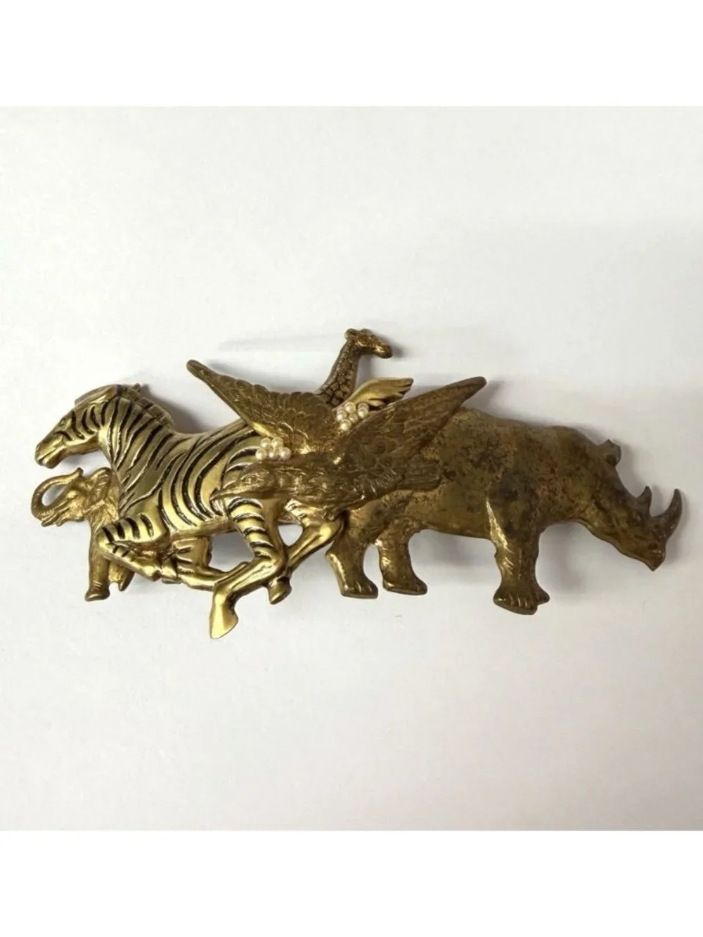 Stampede Safari Hair Clip 5” Barrette Brass Made in France Rhino Zebra Elephant
